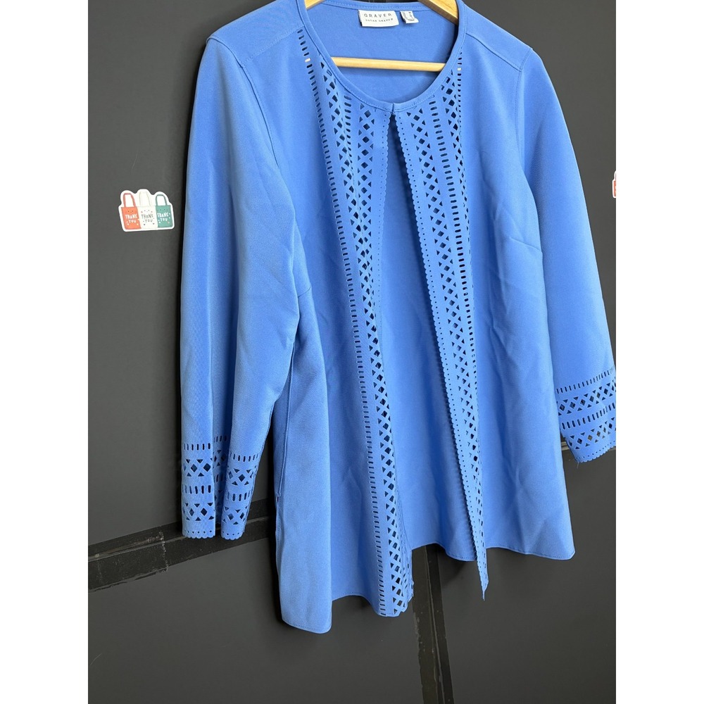 GRAVER Susan Graver LK Fusion Plus Regular Laser Cut Cardigan Blue Maze: M #29V - Picture 7 of 12